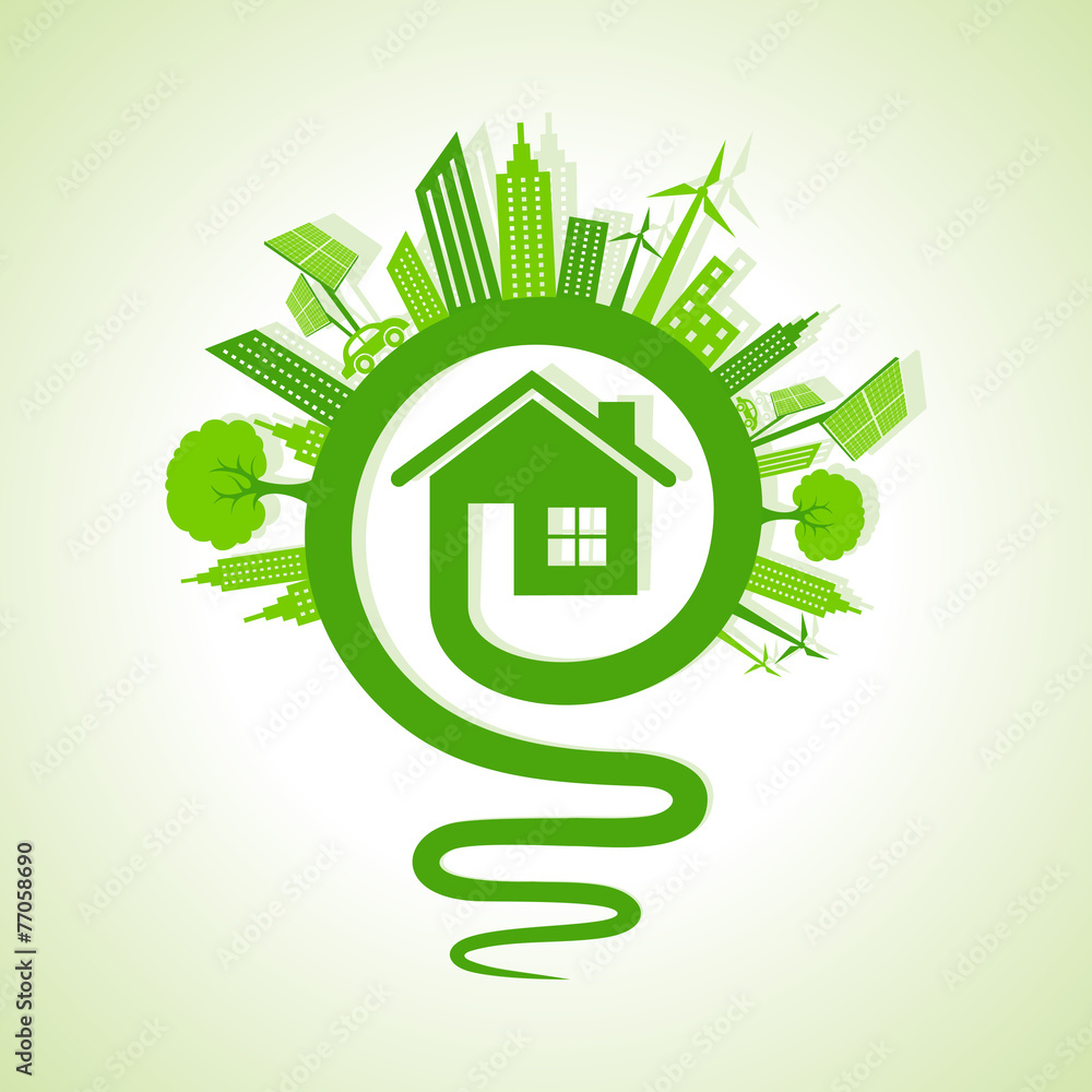 Ecology concept - eco cityscape with light-bulb and home icon Ecology concept - eco cityscape with light-bulb and home icon