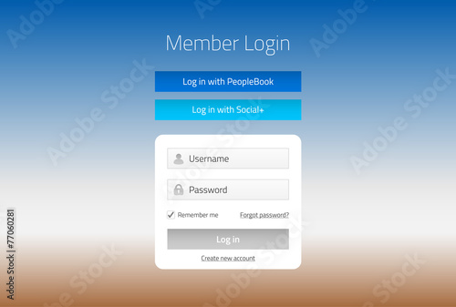 Modern member login website form with social media log in photo