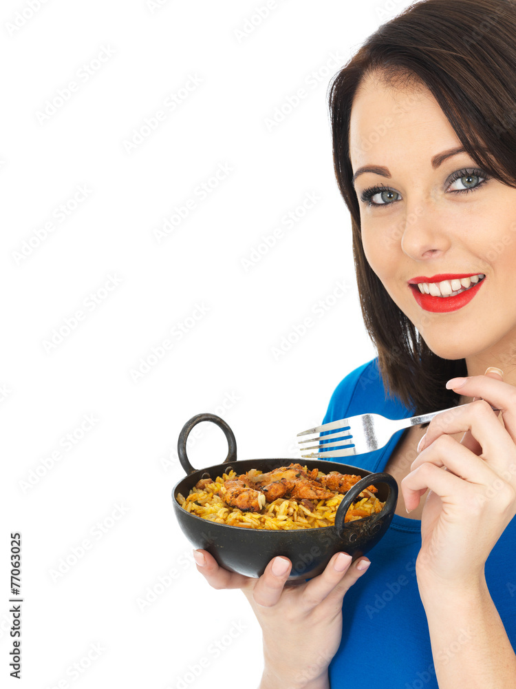 Young Woman Eating Chicken Tikka Biryani Young Woman Eating Chicken Tikka Biryani