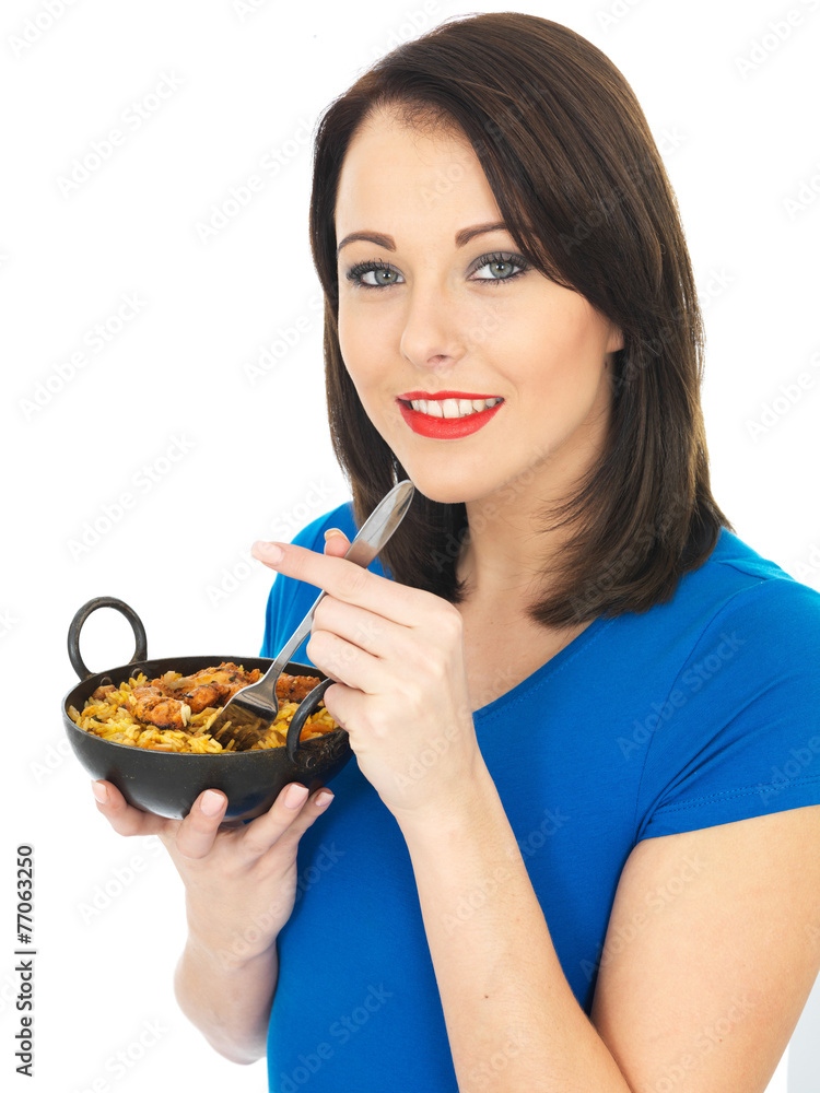 Young Woman Eating Chicken Tikka Biryani