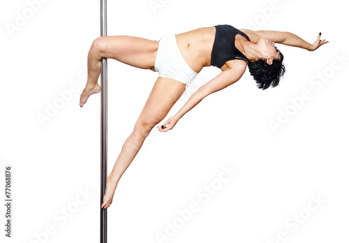 Young woman exercise pole dance, isolated on white