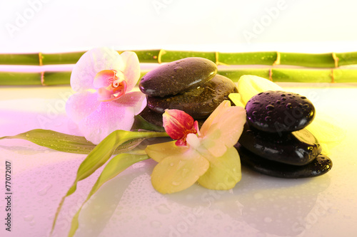Fototapeta Naklejka Na Ścianę i Meble -  Spa stones with orchid and bamboo on light background