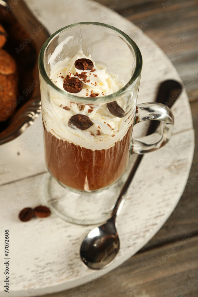 Cup of coffee with cream and cookies on wooden background Cup of coffee with cream and cookies on wooden background
