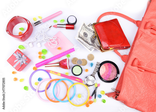 Ladies handbag and things with accessories of it isolated