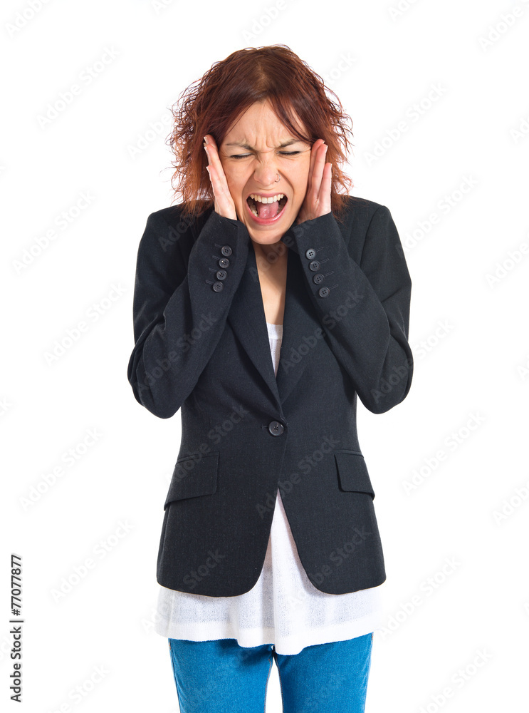frustrated redhead girl over white background frustrated redhead girl over white background