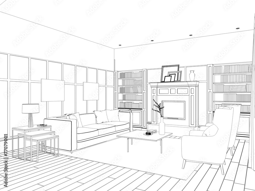 Sketch of the living room with sofa, frames and coffee table Sketch of the living room with sofa, frames and coffee table