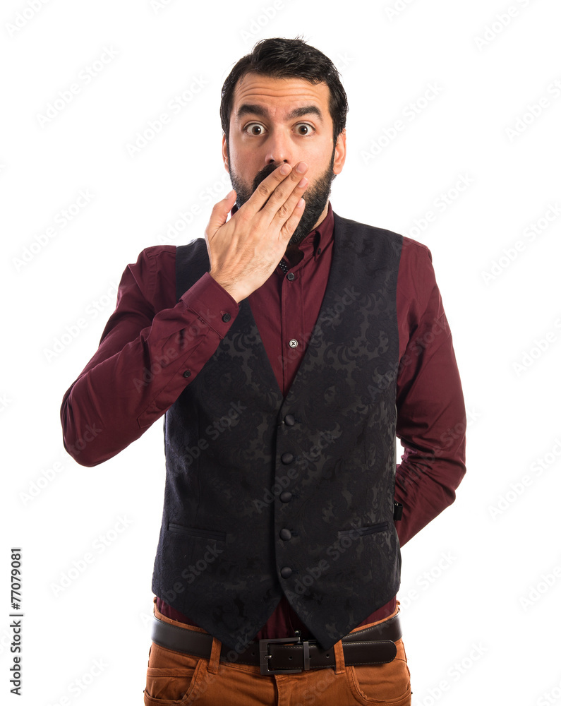 Man wearing waistcoat doing surprise gesture Man wearing waistcoat doing surprise gesture