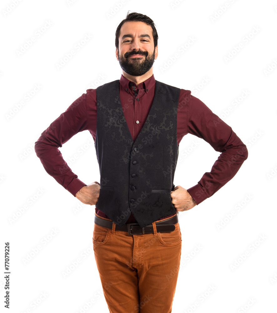 Man wearing waistcoat like a hero