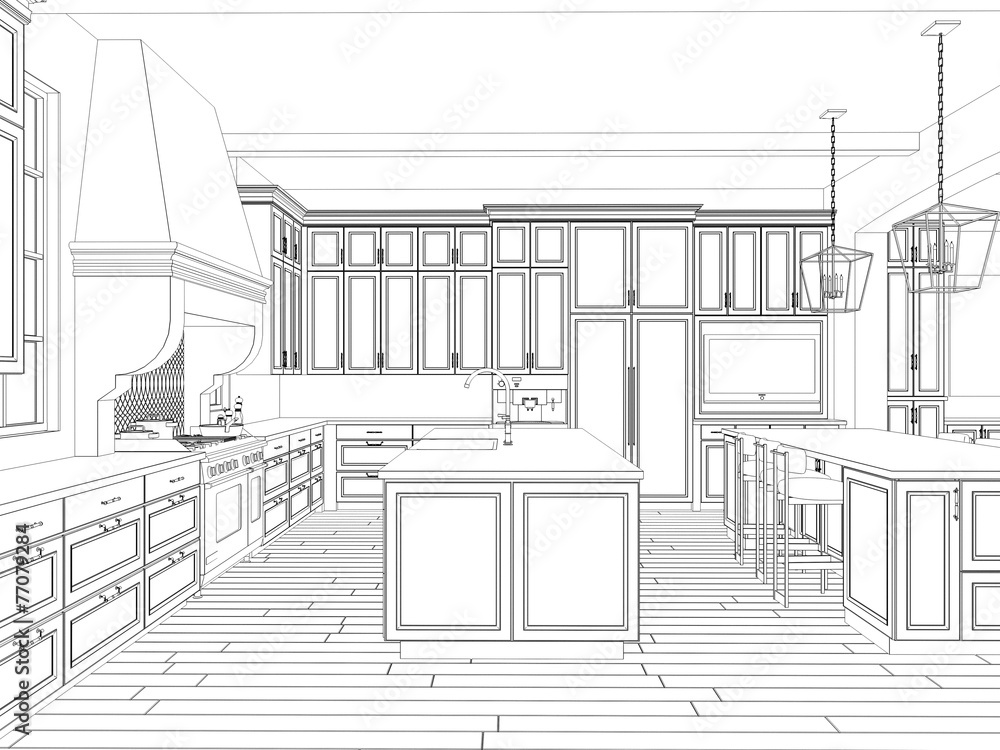 3d sketch of kitchen interior with dining area