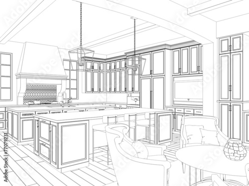 3d sketch of kitchen interior with dining area