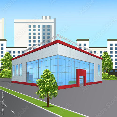 office building with reflection on the street background