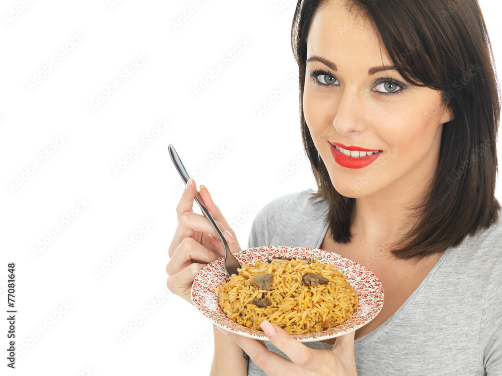 Young Woman Eating Mushroom Rice Young Woman Eating Mushroom Rice