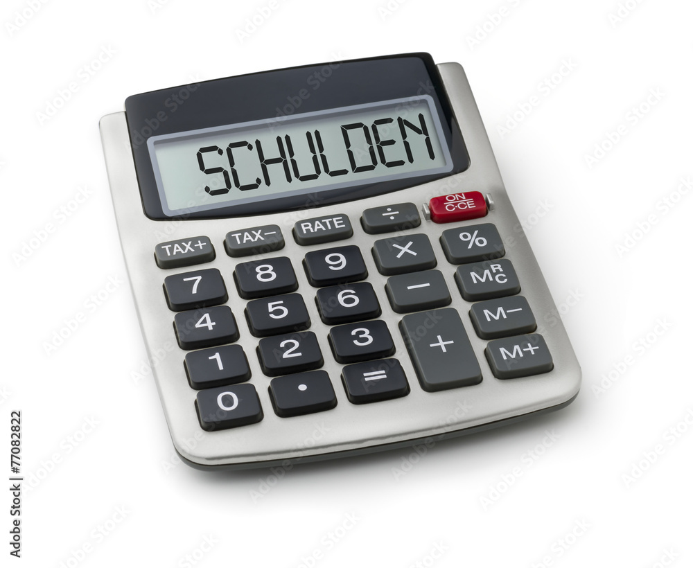 Taschenrechner mit dem Wort Schulden im Display Taschenrechner mit dem Wort Schulden im Display