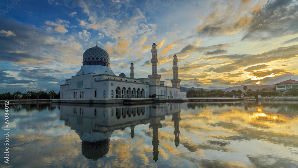 Colorful sunrise scene at Likas Mosque, Kota Kinabalu, Sabah.
