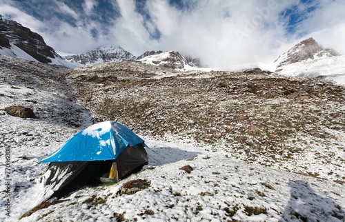 camping on mountain in himalayas - nepal