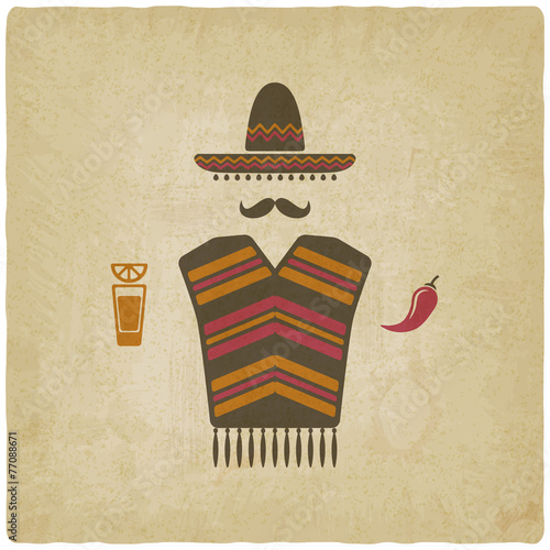 Mexican man with tequila and chili pepper