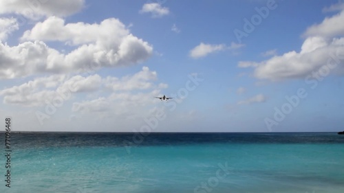 Landing approach of passenger plane. Philipsburg, Saint-Martin