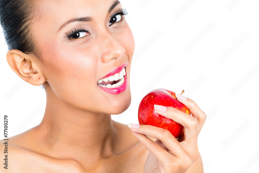 Asian woman eating apple and living healthy Asian woman eating apple and living healthy