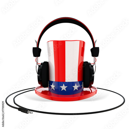 Uncle Sam Hat with Headphones on White Background photo