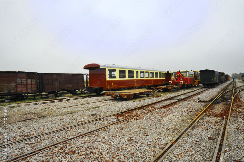 Vieux trains en gare au petit matin brumeux, France Vieux trains en gare au petit matin brumeux, France