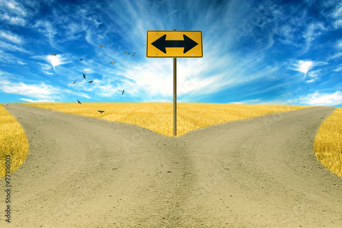 two roads, road sign ahead with arrows blue sky background