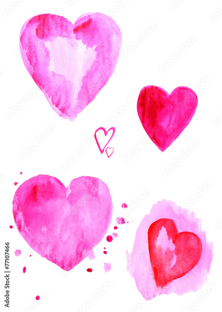 Painted hearts on sheet of paper isolated on white