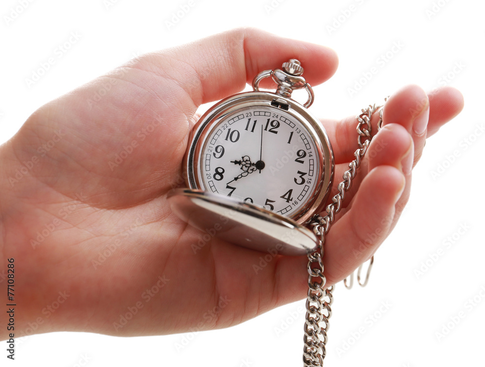 Silver pocket clock in hand isolated on white Silver pocket clock in hand isolated on white