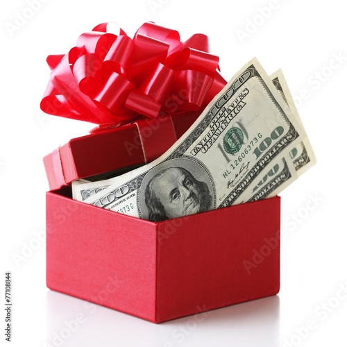 Slika na platnu Bundle of dollars in present box with bow isolated on white