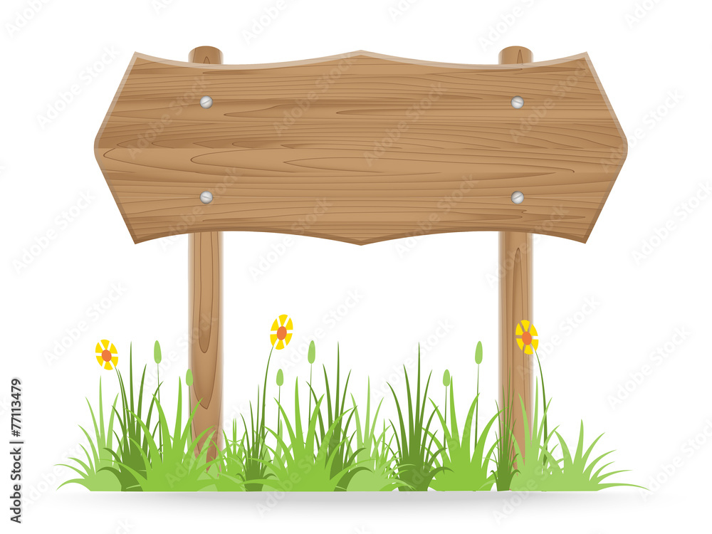 Wooden signpost on grass isolated on white background Wooden signpost on grass isolated on white background