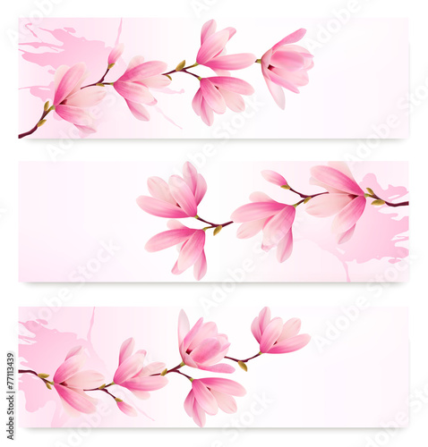 Three Spring banners with blossom brunch of pink flowers. Vector