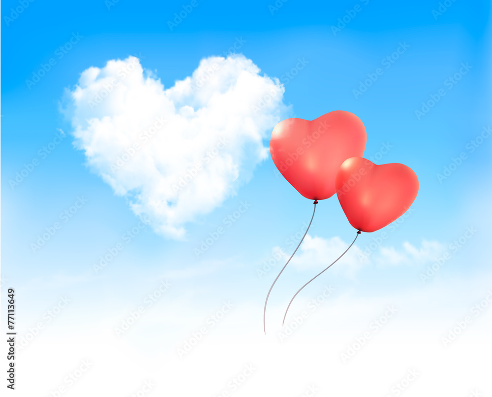 Holiday background with heart shape of cloud on blue sky and red