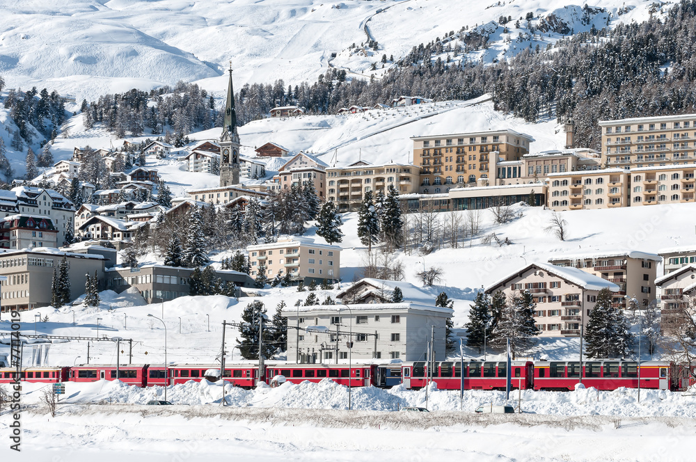Mountain ski resort in winter. Railway station at St. Moritz.
