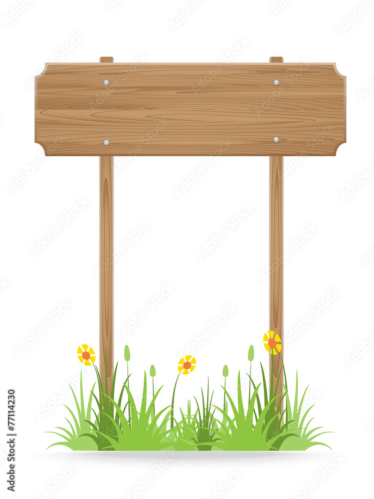 Wooden signpost on grass with flower isolated on white Wooden signpost on grass with flower isolated on white