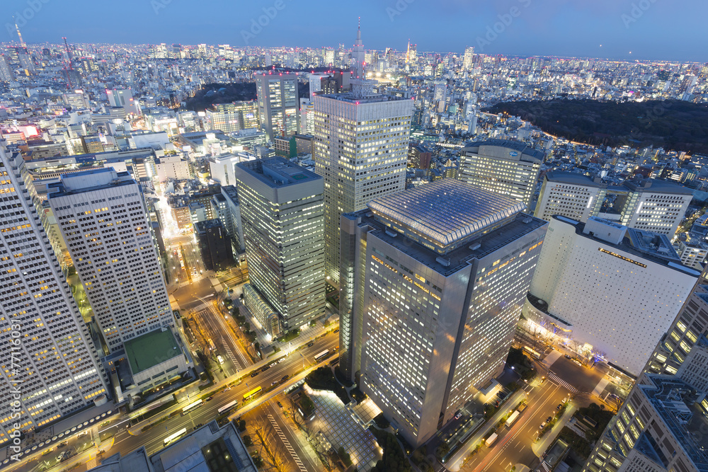 Fototapeta premium ［東京都市風景］超広角で望む トワイライトの摩天楼新宿高層ビル街と東京全景 東京タワー 東京スカイツリーも望む