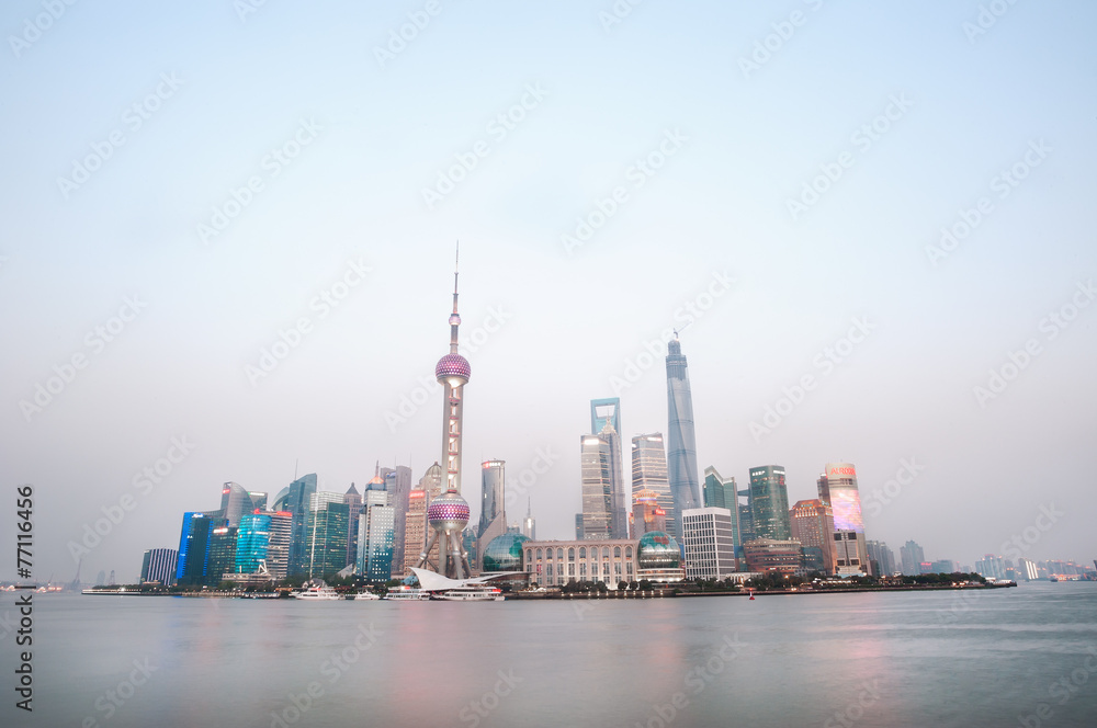 Skyscrapers of the Shanghai financial district at dusk