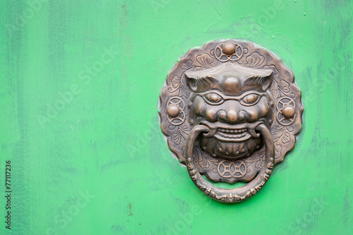 Lion-shaped door knocker against a bright green door, China
