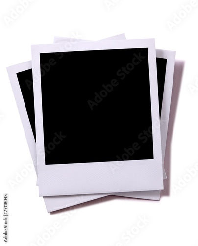 Untidy stack pile polaroid style instant camera print photo frame isolated white background with shadow