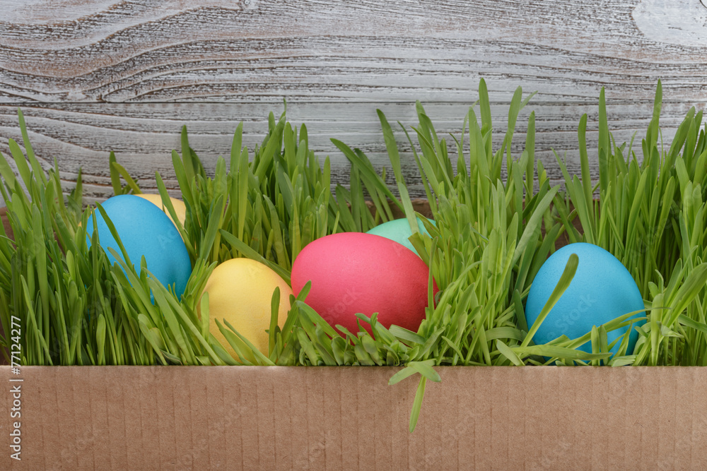 Fototapeta premium easter eggs in box with fresh grass over wood background