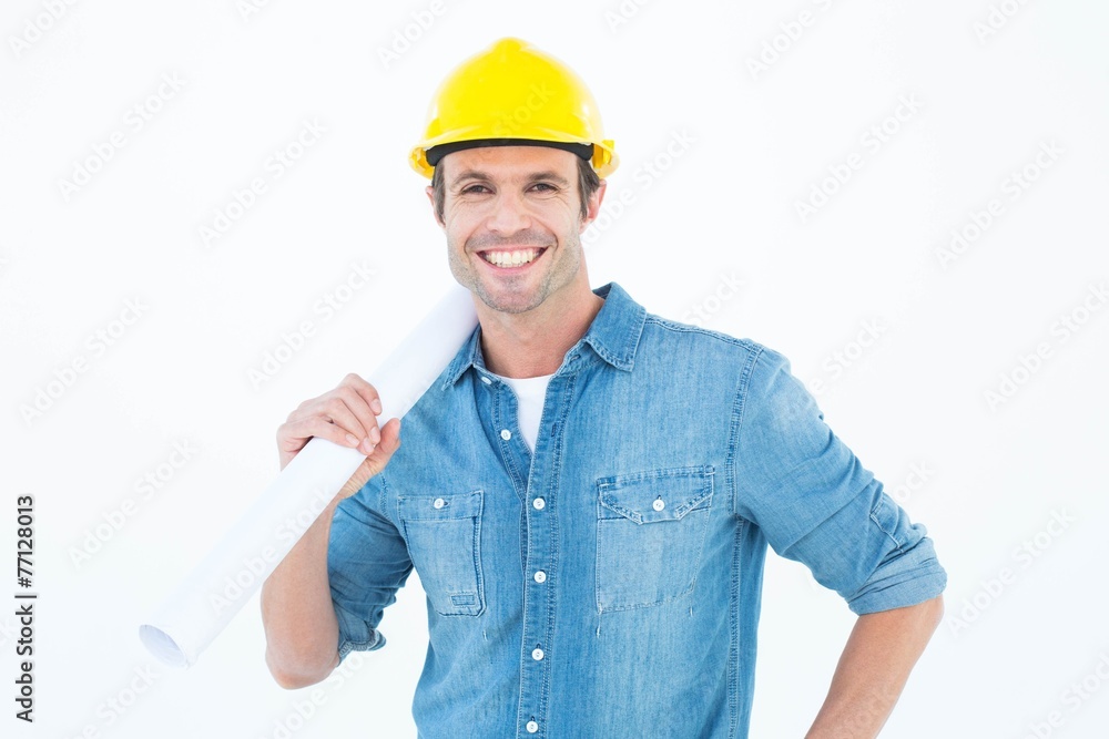 Confident architect holding rolled blueprint Confident architect holding rolled blueprint