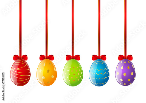 Set of Easter eggs with red ribbon