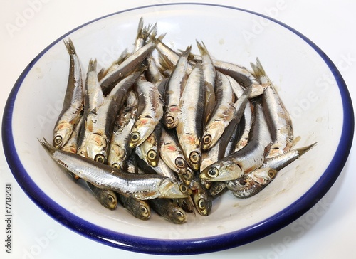dish with freshly caught anchovies ready to be fried