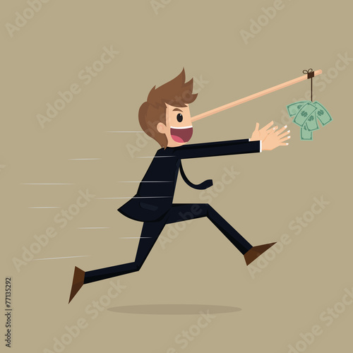 dollar on the end of businessman long nose