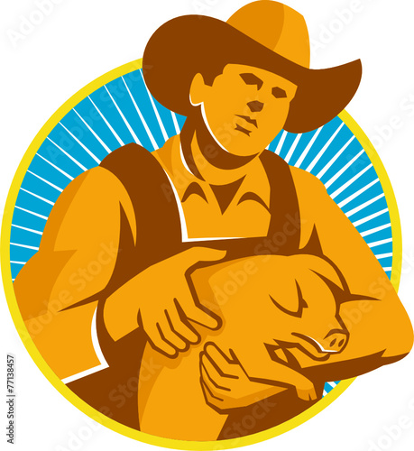 Pig Farmer Holding Piglet Front Retro