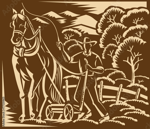 Farmer Farming Plowing With Farm Horse Woodcut