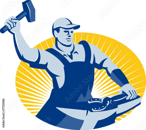 Blacksmith Farrier With Hammer Horseshoe Retro