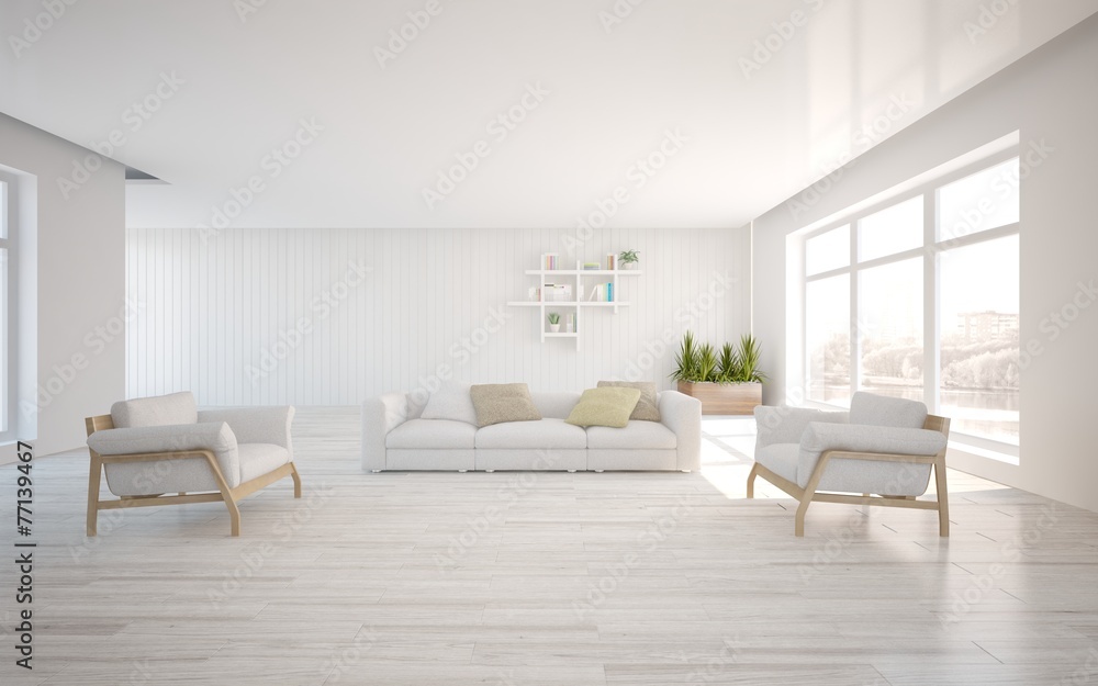 white 3d interior design with panoramic windows - obrazy, fototapety, plakaty 