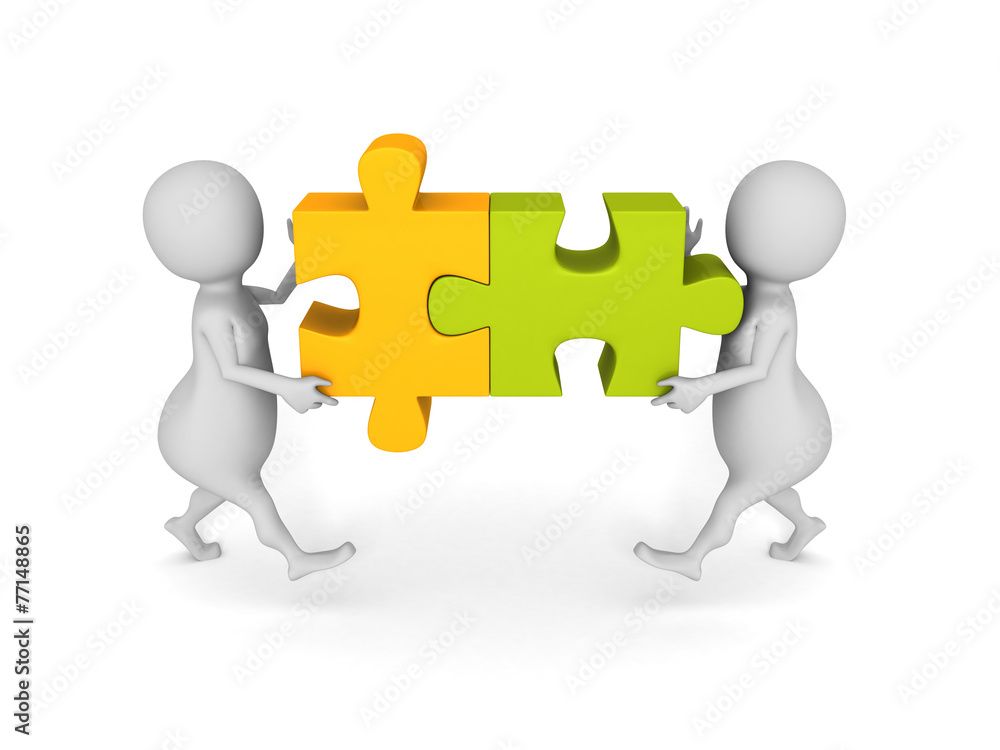 white 3d people team assemble two piece of a puzzle white 3d people team assemble two piece of a puzzle