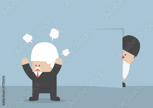Businessman hiding from angry boss behind the wall like a ninja