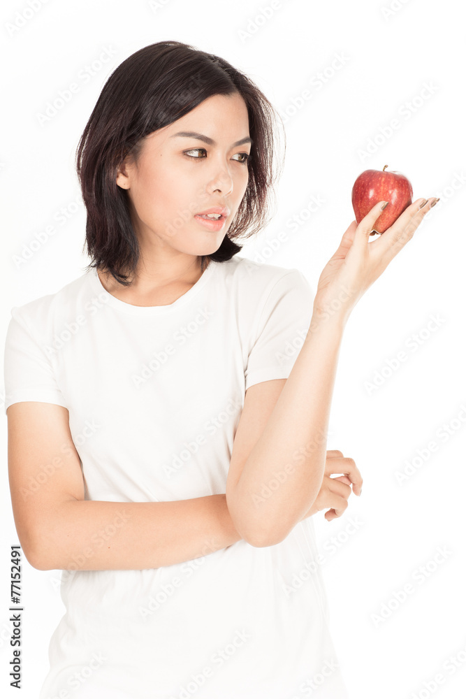 Smiling woman with apple isolated on white Smiling woman with apple isolated on white