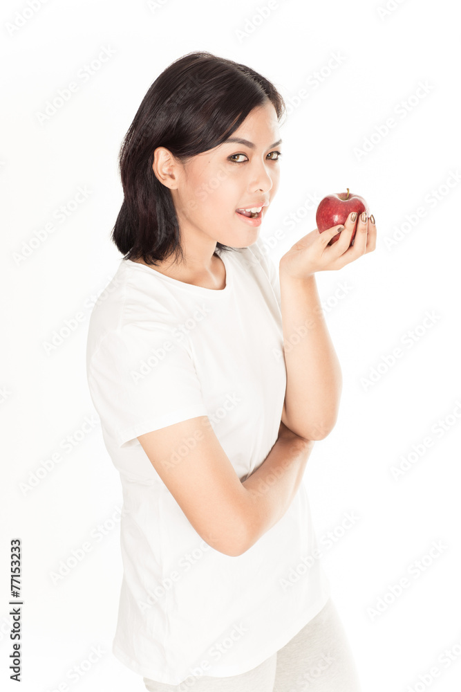 Smiling woman with apple isolated on white Smiling woman with apple isolated on white